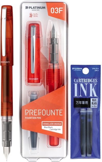 Platinum - Prefounte Vulpen - Medium - Vermillion Orange - Met vullingen Blauw Zwart