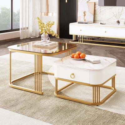 STILVORA Salontafel - 2 Delige Set Met Glasplaat En Gouden Frame - Elegant Vierkant Design Met Theebruin Accenten - 60x60+50x50 cm - MDF + Metaal - Wit en Goud en Theebruin