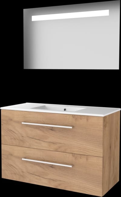 Basic-Line Economic 46 Badkamermeubelset - 100 x 46 cm - Met Grepen - 2 Lades - Keramische Wastafel - 1 Kraangat - Spiegel met LED Verlichting - Whisky Oak