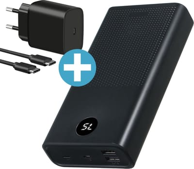 Powerbank 30000 mAh + USB C Power Adapter 20W - 3 OUT Poorten - 18W/20W/22.5W - Super Fast Charger - 3x Opladen - Powerbanks 30.000 - Zwart
