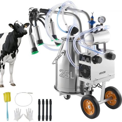 VEVOR Elektrische Koeienmelkachine, 6,6 Gal / 25 L 304 Edelstahl Eierkraterr, Voedingsgrade Teekopjes en Silicongeheug, Sterke Zuigkracht, Vacuum Pulsatie, Elektrische Melkachine met Rijwielen voor Koeien