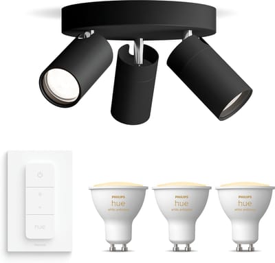 Philips Hue Idris Opbouwspot voor Badkamer (Zwart) - Badkamerlamp - Warm tot Koelwit Licht - Incl. Hue Dimmer Switch - Plafondspot met 3 Lichtpunten - GU10 - Hue White Ambiance