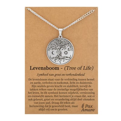 Levensboom Ketting op Cadeau Kaartje Zilverkleurig - Spirituele Talisman - Roestvrij Staal / Stainless Steel - Tree of Life - 60cm - Pax Amare