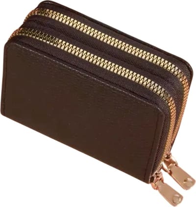 Portemonnee - Pasjeshouder - Dubbele rits - Meerdere vakken - Imitatieleer - PU leder - Money wallet - Papier en muntgeld - Contant geld opbergen - Donkerbruin - Gouden afwerking - 11x8 cm - Jonyx