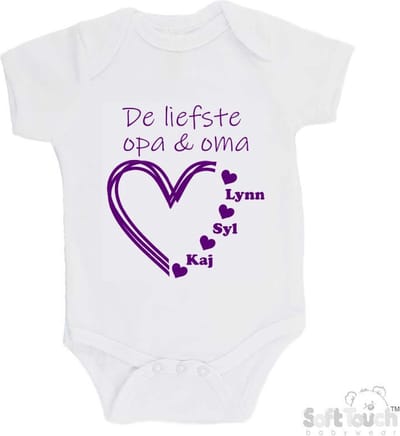 100% katoenen Romper "De liefste opa & oma met de namen van 3 kleinkinderen" Meisjes Katoen Wit/paars Maat 62/68
