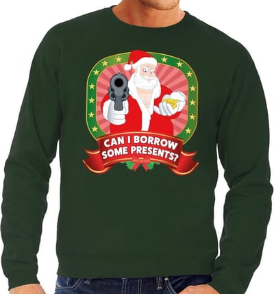 Foute kersttrui / sweater - groen - gangster Kerstman met pistool Can I Borrow Some Presents heren S