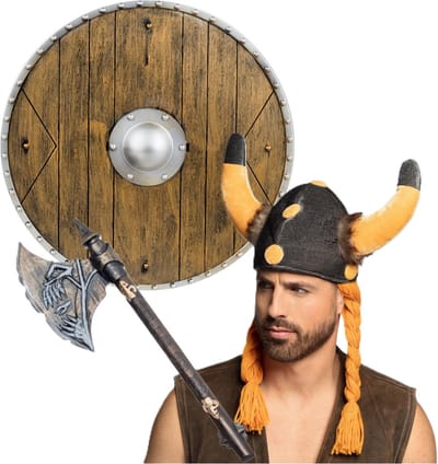 Boland Viking verkleedkleding set - 3 delig - heren - vikinghelm met hoorns - hakbijl van 68 cm - Schild D40 cm - Geschiedenis thema