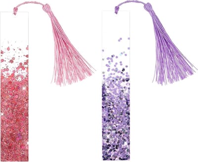 Glanzende Gedroogde Bloemen Resine Boekenleggers, 2 Stuks Handgemaakte Transparante Boekenleggers met Kleurrijke Zijden Kwastjes voor Cadeau aan Vrouwen en Meisjes