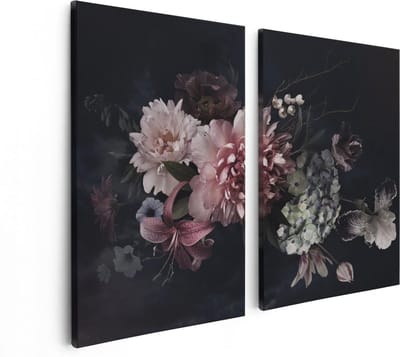 Artaza Canvas Schilderij Tweeluik Diverse Bloemen Op Zwart Achtergrond - 80x60 cm - Wanddecoratie Woonkamer - Schilderijen - Muurdecoratie