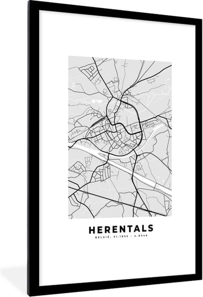 Fotolijst incl. Poster Zwart Wit- Zwart Wit – België – Plattegrond – Stadskaart – Kaart – Herentals - 80x120 cm - Posterlijst
