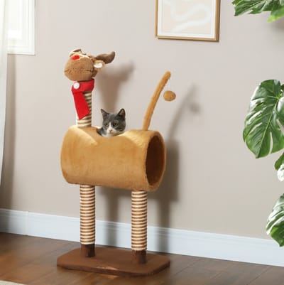 MEUNIQ Krabpaal 98 cm kattentoren met tunnel, speelbal en jute krabstammen, hertendesign, pluche kattenkrabmeubel voor binnen, bruin