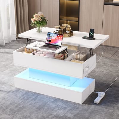 Salontafel - 100x50x51.5cm - Multifunctionele Lift Salontafel USB-C USB LED - Stopcontact Opbergruimte - Hoogglans - Wit