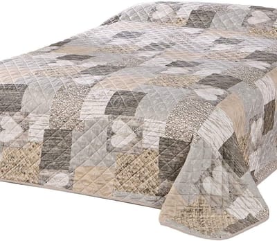 Famanu - Bedsprei 240x260 cm bruin, patchworkdesign met hartmotief, landelijke stijl
