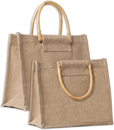 SnelShoppen - 2 x Natuurlijke Jute Tassen met Houten Handvatten, Eco-vriendelijk, Perfect voor Winkelen, Strand, Avond, Uitstapjes, Retro Design, Set