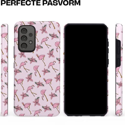 Casetastic hoesje geschikt voor Samsung Galaxy A52 (2021) 5G / Samsung Galaxy A52 (2021) 4G - Dubbellaagse bescherming - Tropisch Roze Flamigo Bloemen Paradijs - Fashion Case - Lichtgrijs Wit Lichtroze
