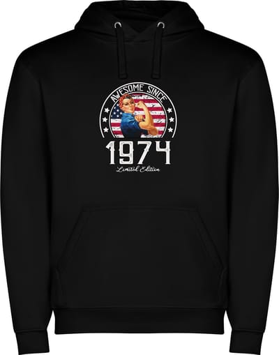 Zwarte unisex hoodie met “ Awesome since 1974 Girl Power “ Print Full Color merk Roly maat M
