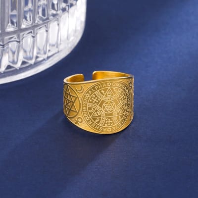 Engelzegel Open Ringen Enochiaanse Kabbala Magische Bescherming Amulet Roestvrij Staal Hexagram Driehoek Vingerring Religieuze Sieraden 10 beige