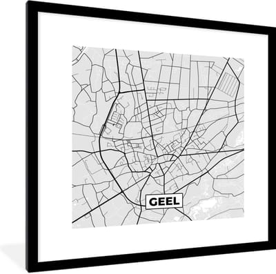 Fotolijst incl. Poster Zwart Wit- Zwart Wit – België – Plattegrond – Stadskaart – Kaart – Geel - 40x40 cm - Posterlijst