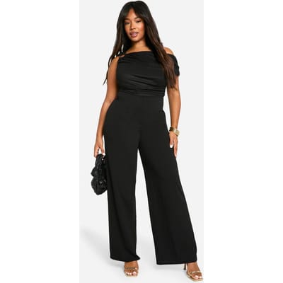 boohoo Dames Plus Mesh Trim Detail Asymmetrische Jumpsuit met Wijde Pijpen | Black | Maat: 26