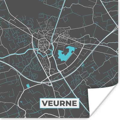 Poster Stadskaart – Grijs - Kaart – Veurne – België – Plattegrond - 100x100 cm XXL