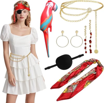 7-delig Piratenkostuum voor Dames met Hoofddoek, Ooglapje en Accessoires voor Feestjes en Themapartijen