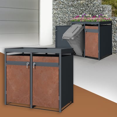 Klikoombouw, Container ombouw met groendak voor 2 containers tot 240 l, 132 x 80 x 124 cm, van staal met roestlook ML-Design