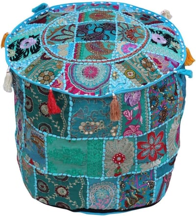Indiase Poef - Zitkruk Ottomaans - Extra Zitplaats - Handgemaakt Patchwork - 40x30x40 cm - Turkoois
