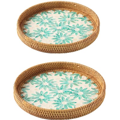 2 stuks Handgemaakte Rotan Dienblad Kleurrijke Schelp Fruitschaal Huishouden Salontafel Opbergdienblad Brood beige
