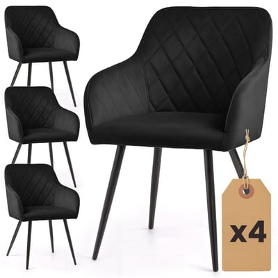 Set van 4 Eetkamerstoelen VELTO met Armleuningen / Gestoffeerde Stoelen / Fluwelen Stoelen en Metalen Poten / Zwart met zwarte benen