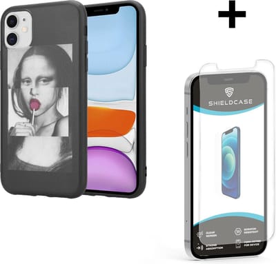 ShieldCase telefoonhoesje geschikt voor Apple iPhone 12 / 12 Pro - 6.1 inch hoesje met Mona Lisa print - zwart / wit + glazen Screen Protector