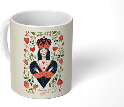 Mok - Koffiemok - Speelkaart - Hartenkoningin - Bloemen - Hartjes - Mokken - 350 ML - Beker - Koffiemokken - Theemok