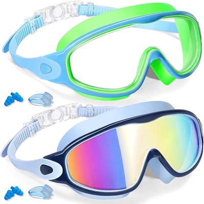 2-pack kinderzwembrillen (3-15 jaar) – Met UV-bescherming en anti-condens – Zwembrillen voor jongens, meisjes, tieners en peuters（Groen + Blauw）