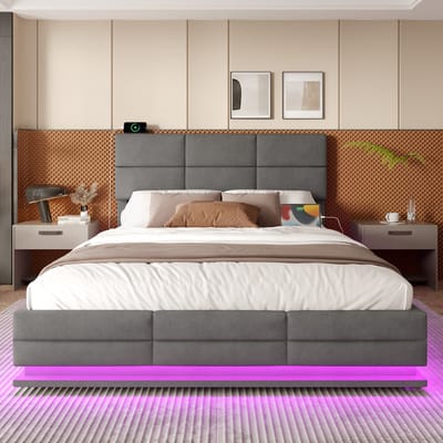 VVBV Gestoffeerd Opbergbed 180x200 cm met Verstelbaar Hoofdbord, USB-C - LED-Verlichting - Fluweel Grijs - Zonder Matras