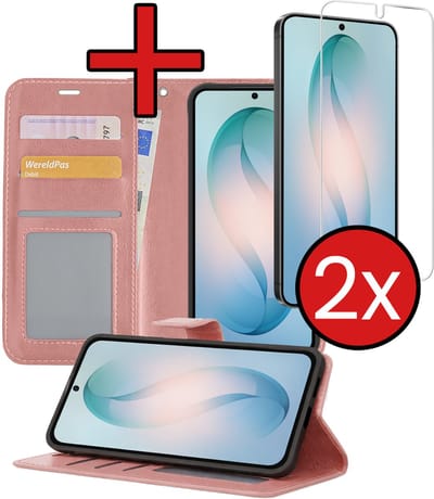 Hoesje - Met 2x Screenprotector - Geschikt voor Samsung Galaxy S26 - Luxe Pasjeshouder - Flip Case - Bookcase Portemonee - Kunstleer Book Case - Flipcase Hoes - Book Cover - Walletcase - Portemonneehoes - Telefoonhoes - Rosé goud