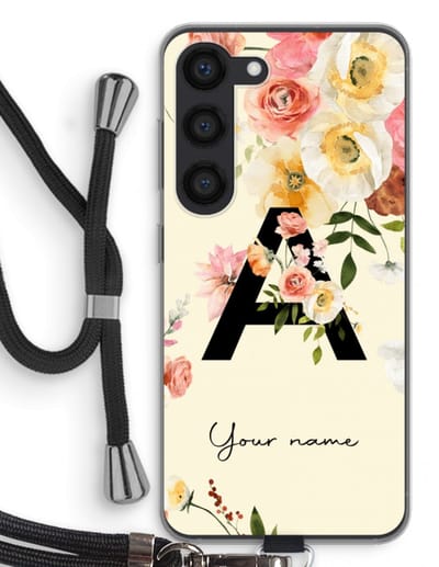Gepersonaliseerd - Case Company® - Hoesje met koord geschikt voor Samsung Galaxy S23 hoesje met Koord - Flirty Flowers Monogram - Telefoonhoesje met Zwart Koord - Bescherming aan alle Kanten en Over de Schermrand