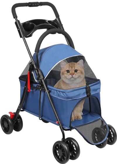 PIPIPOXER Huisdier wandelwagen-reiswagen huisdier-Hondenwagen voor kleine honden en katten tot 15kg-s - boodschappenmand en gaasraam-Vouwen en scheiden met één klik-Oxfordstof-blauw