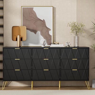 UEV ladekast met 9 laden, 150 cm, opbergmeubel voor in de slaapkamer, lijnenpatroon, Scandinavische stijl, goudkleurige handgrepen en poten, voor woonkamer, slaapkamer, kantoor, 150 x 34 x 74 cm, Zwart
