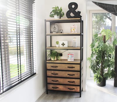 Industriële kast met laden "Columbus" - 90 x 40 x 200 cm - Hout en Staal - Handgemaakt