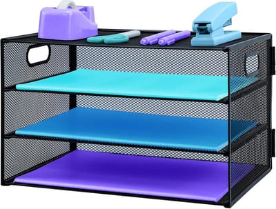 SnelShoppen - 3-laags Bureau Organizer met Handvat, Uittrekbare Mesh Documenthouder voor A4 Papieren, Kantoorbenodigdheden, Zwart, Stijlvol en Ruimteb