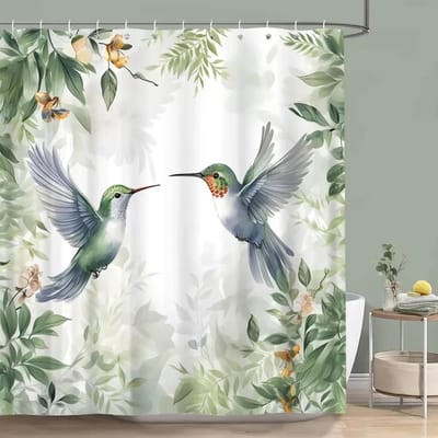 Kolibrie Bloemen Douchegordijn Vogels Aquarel op Bloementakken Bedrukt Polyester Badgordijnen Badkamer Decor met Haken 120x180cm-47x70in
