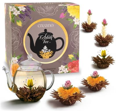 ErblühTee cadeauset in modern bloemendesign met glazen theepot, zwarte thee (6 theerozen / 3 soorten)