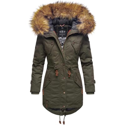 Marikoo dames winterjas met afneembare imitatiebontkraag & taillekoord