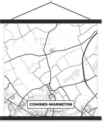 Posterhanger incl. Poster 60x60 cm - Schoolplaat - Zwart Wit – België – Plattegrond – Stadskaart – Kaart – Comines Warneton - Textielposter - Zwarte latten - Stadskaart