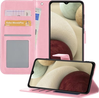 Hoesje - Met Pasjeshouder - Geschikt voor Samsung Galaxy A12 - Luxe Bookcase Portemonee - Flip Case - Kunstleer Book Case - Flipcase - Book Cover - Walletcase - Portemonneehoes - Telefoonhoesjes - Lichtroze