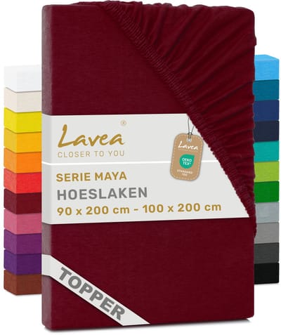 Lavea® Hoeslaken voor Topper/Topmatras 90x200 cm – 100% Katoen Jersey – Geschikt voor Topmatrassen tot 10 cm – Met Elastiek Rondom – OEKO-TEX Gecertificeerd – Bordeaux