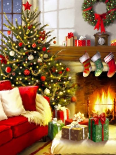 Diamond painting kerstboom openhaard bank cadeautjes 30x40cm vierkante steentjes