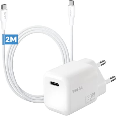 GaN 30w usb C adapter 2m set - Oplader met usb C naar usb C kabel wit