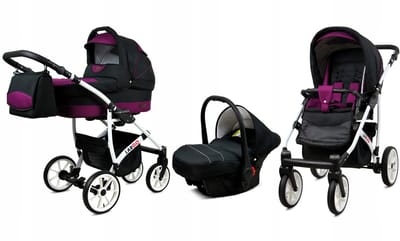 BabyLux® Kinderwagen 3in1 – LARGO - BLACK PURPLE WHITE FRAME - Opklapbare Wandelwagen incl. Reiswieg, Multifunctionele Buggy Sportstoel, Autostoel - Combi-kinderwagen met Luiertas, Regenhoes, Klamboe, Bekerhouder, etc.