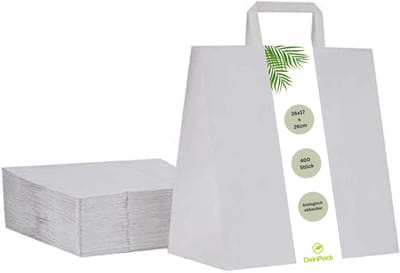 Grote hoeveelheid witte papieren draagtassen met platte hendels - Biologisch afbreekbaar cadeauzakjes