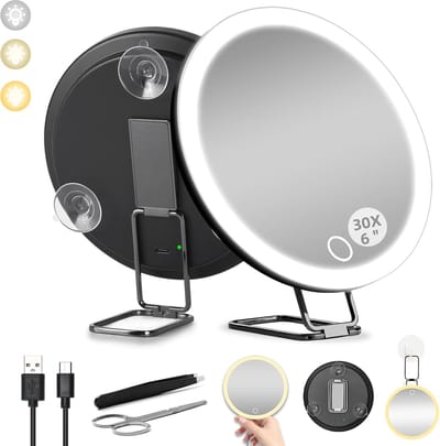 6" 30x vergrotende spiegel met lichtzuignap, LED close-up spiegel voor het controleren van poriën met 360° standaard, 3 kleuren verlichte persoonlijke spiegel 30x, 30 keer hoge vergroting concave spiegels - Cyslmuk®